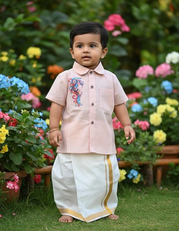 Kids Traditional Print Shirt and Mundu Copper Colour